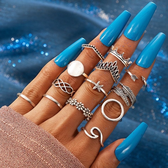 **DIONNE* 13-Pc Silver Bohemian Flower Starfish Arrow Fashion Ring Set - Picture 1 of 7